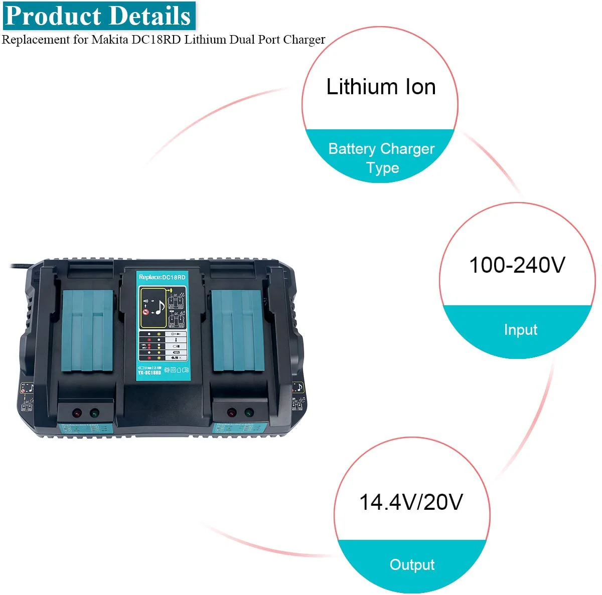 2 Pack For 18V 5Ah Makita BL1850B Battery Replacement & Dual Port Charger Starter Pack / Replacement charger for Makita 18V battery charger DC18RD Makita 18V LXT lithium-ion battery - Image 3