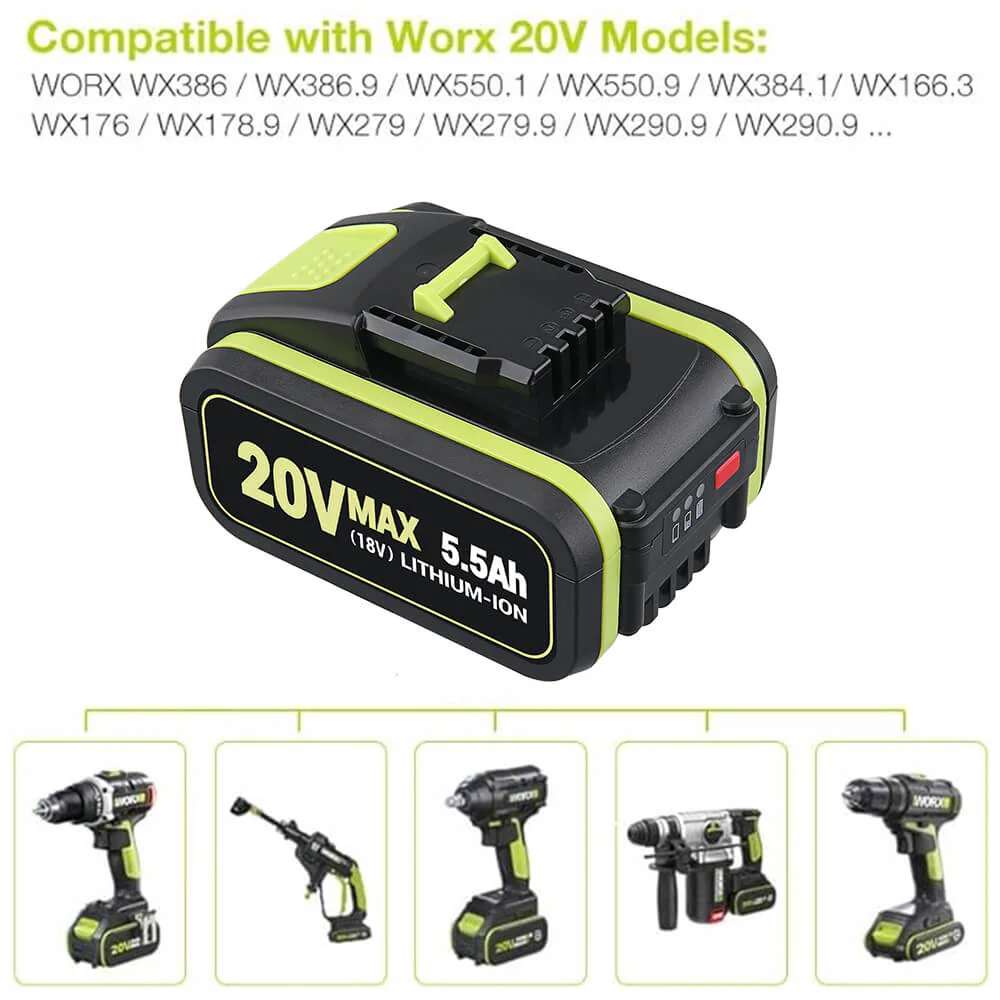 For Worx 20V 5.5Ah Li-ion Replacement Battery 2 Pack WA3551 WA3551.1 WA3553 WA3553.2 WA3641 WG629E - Image 3